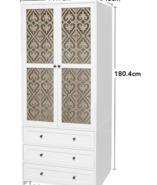 Boho Witte Opbergkast met Rotan Patroon & 3 Lades – 80x48x180 cm