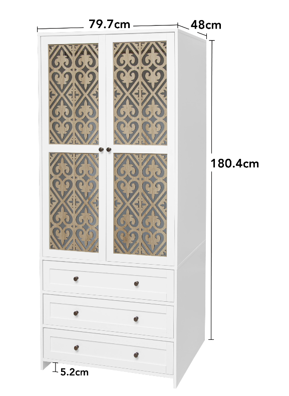 Boho Witte Opbergkast met Rotan Patroon & 3 Lades – 80x48x180 cm