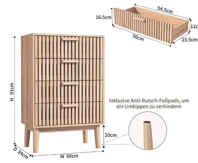 Houten Ladekast met 4 Lades – Opbergkast & Dressoir 60x34x91 cm