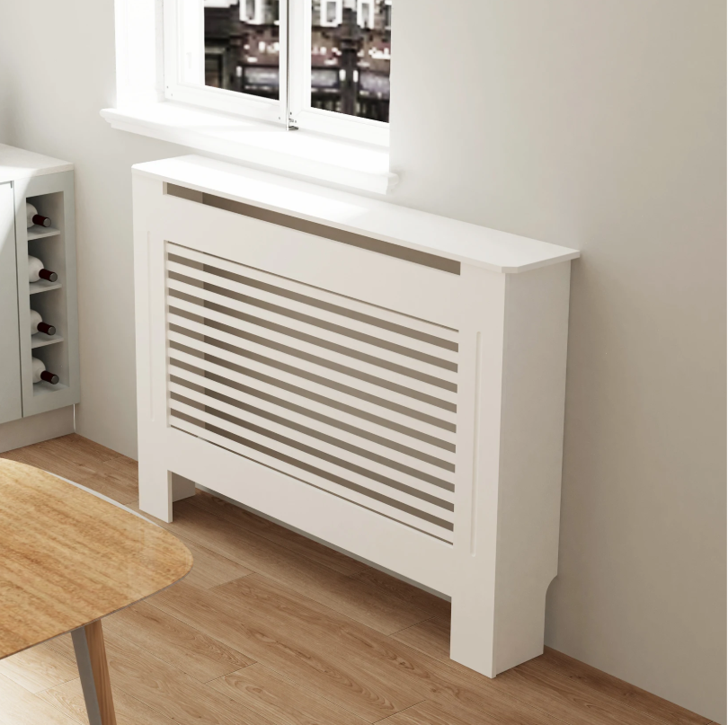 Witte Radiatorombouw met Horizontale Lamellen – MDF Kast & Plank