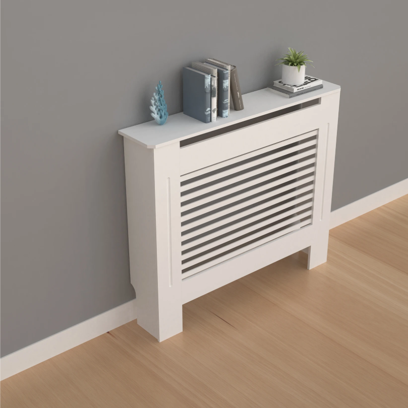 Witte Radiatorombouw met Horizontale Lamellen – MDF Kast & Plank
