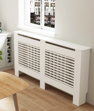 Witte Radiatorombouw met Horizontale Lamellen – MDF Kast & Plank