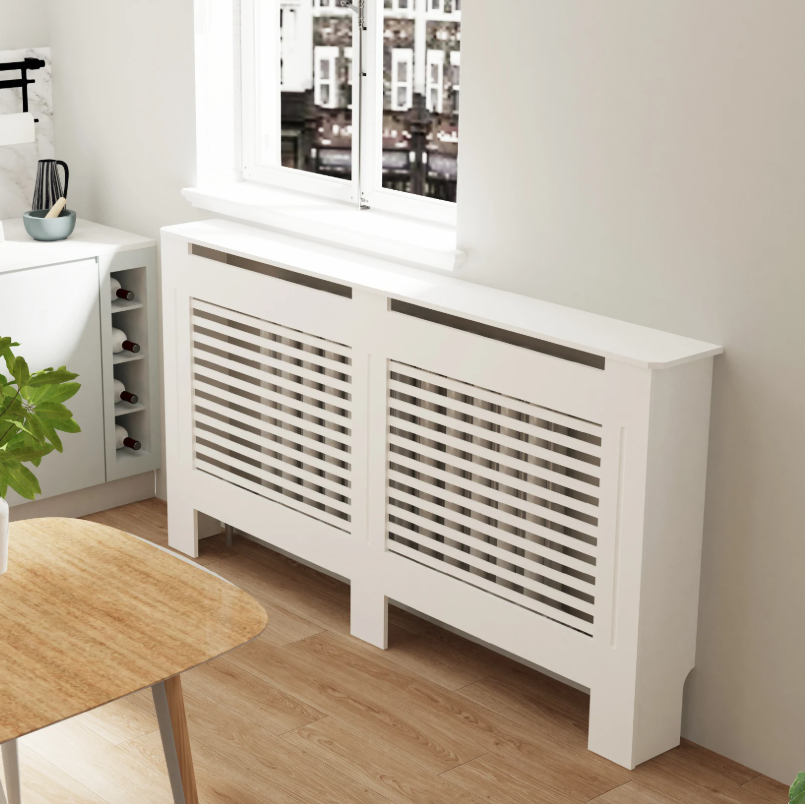 Witte Radiatorombouw met Horizontale Lamellen – MDF Kast & Plank