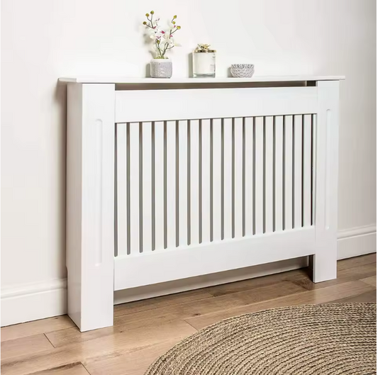 Witte Radiatorombouw – MDF Kast met Lamellen & Plank, 92 cm
