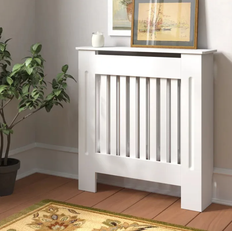 Witte Radiatorombouw – MDF Kast met Lamellen & Plank, 92 cm