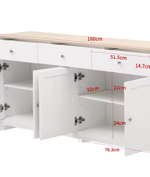 Buffetkast met 4 Deuren en 3 Lades – Houten Dressoir 160x37x75 cm