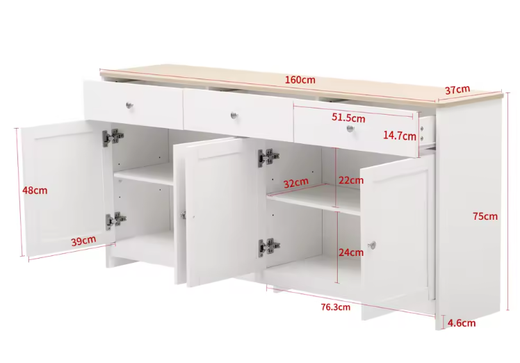 Buffetkast met 4 Deuren en 3 Lades – Houten Dressoir 160x37x75 cm