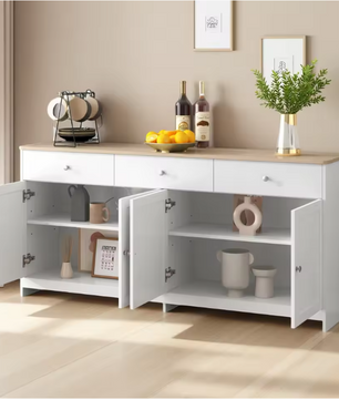 Buffetkast met 4 Deuren en 3 Lades – Houten Dressoir 160x37x75 cm