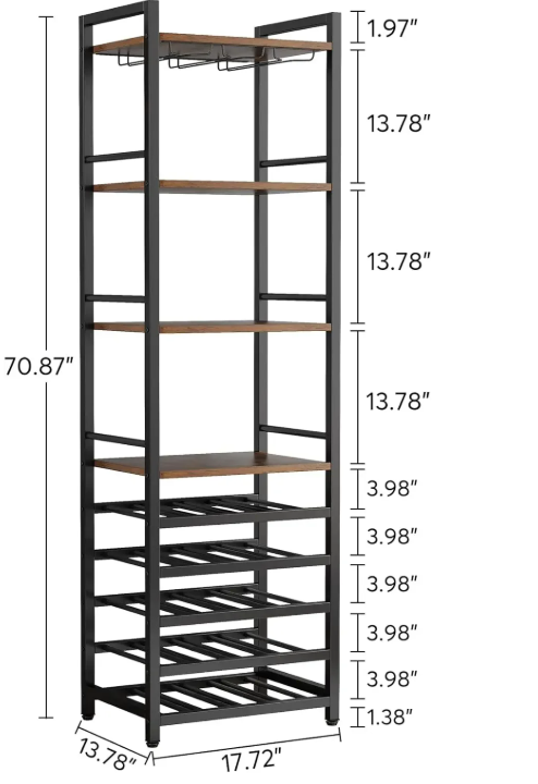 Industriële Wijnkast met 20 Flessenrek – Vrijstaande Wijnrek met Glashouder en Planken 45x35x180 cm