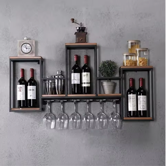 Wand Wijnrek van Hout & Metaal – Vintage Wijnflessenrek met Glashouder 106x20x55 cm