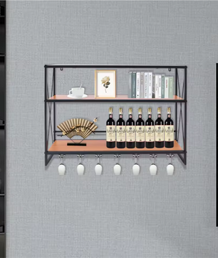 3-Laags Wijnrek van Metaal & Hout – Wand & Tafelmodel 80x20x62 cm