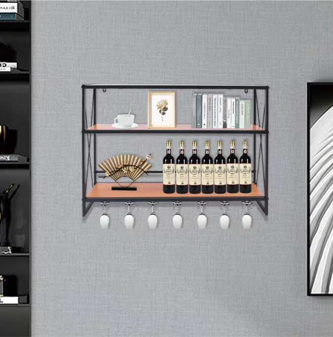 3-Laags Wijnrek van Metaal & Hout – Wand & Tafelmodel 80x20x62 cm