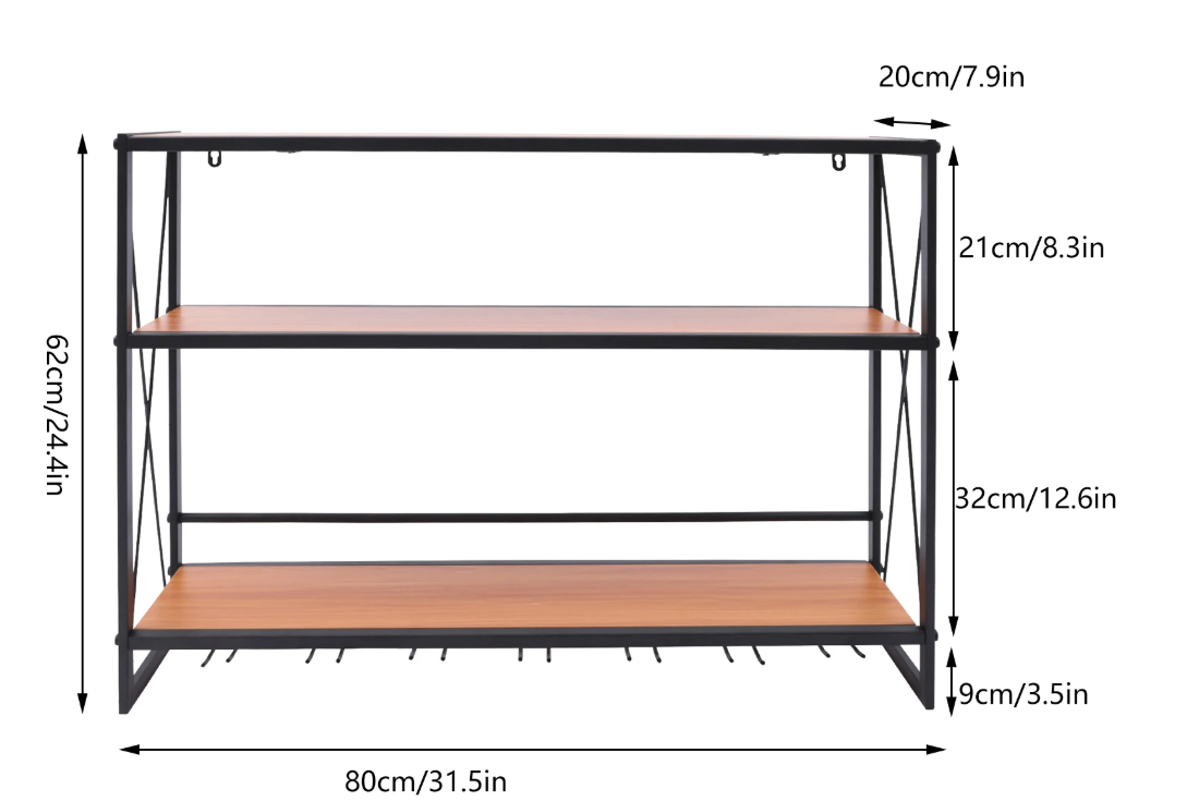 3-Laags Wijnrek van Metaal & Hout – Wand & Tafelmodel 80x20x62 cm