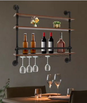 Industriële Wand Wijnrek met 3 Lagen – Hout & Metaal met Glashouders