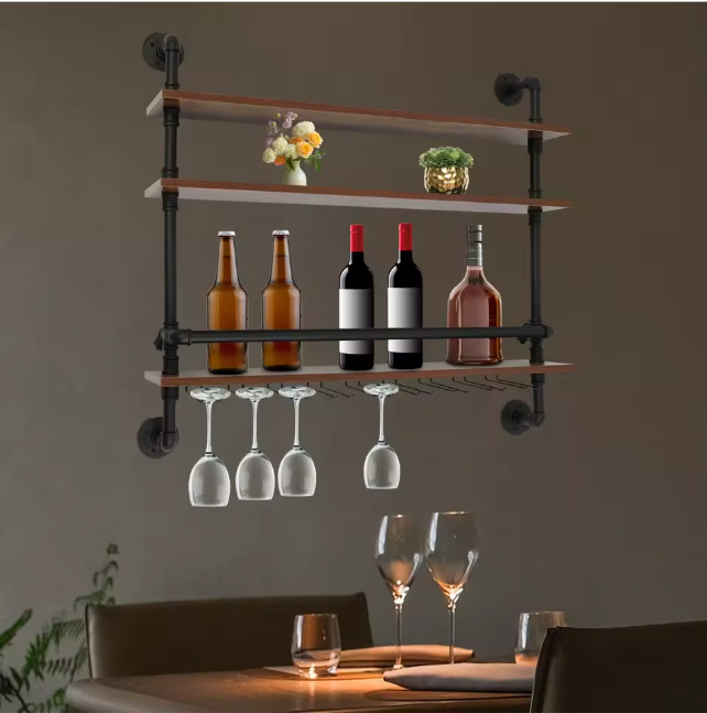Industriële Wand Wijnrek met 3 Lagen – Hout & Metaal met Glashouders