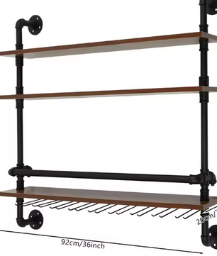 Industriële Wand Wijnrek met 3 Lagen – Hout & Metaal met Glashouders