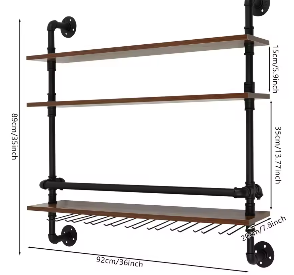 Industriële Wand Wijnrek met 3 Lagen – Hout & Metaal met Glashouders