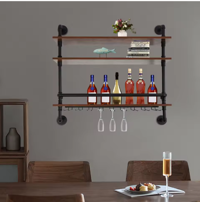 Industriële Wand Wijnrek met 3 Lagen – Hout & Metaal met Glashouders
