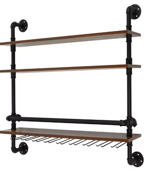 Industriële Wand Wijnrek met 3 Lagen – Hout & Metaal met Glashouders