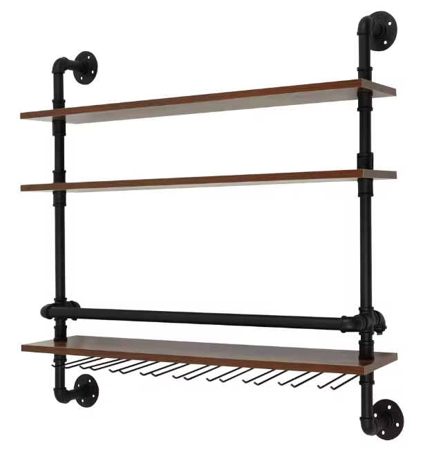 Industriële Wand Wijnrek met 3 Lagen – Hout & Metaal met Glashouders
