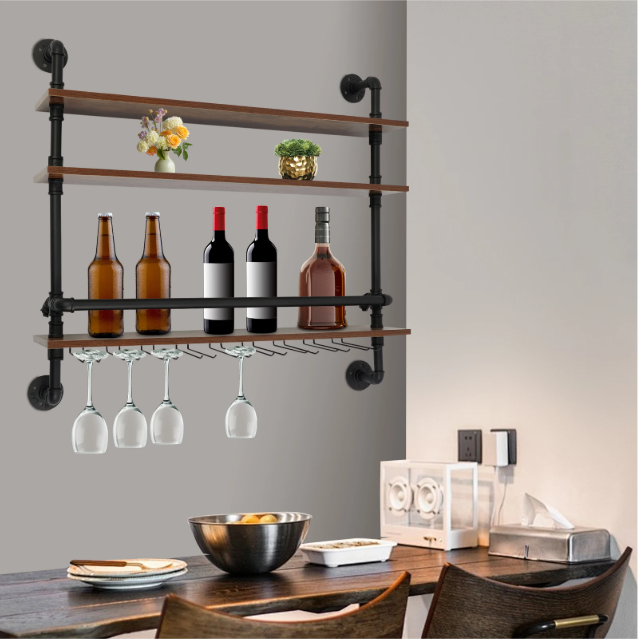 Industriële Wand Wijnrek met 3 Lagen – Hout & Metaal met Glashouders