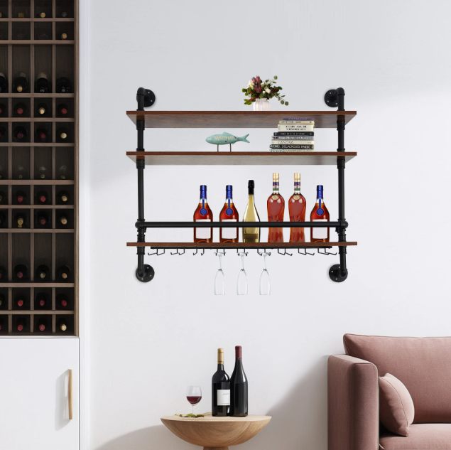 Industriële Wand Wijnrek met 3 Lagen – Hout & Metaal met Glashouders