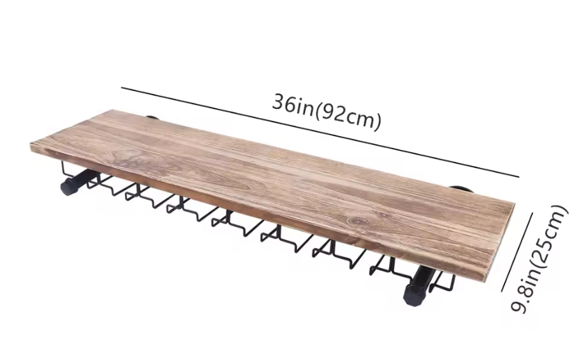 Wand Wijnrek van Hout & Metaal – Industrieel Wijnflessenrek met Glashouder 92x25 cm