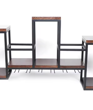 Vintage Wandwijnrek van Hout en Metaal – Wijnfles- en Glashouder 106×20×55 cm