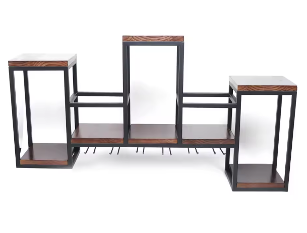 Vintage Wandwijnrek van Hout en Metaal – Wijnfles- en Glashouder 106×20×55 cm