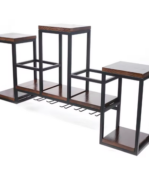 Vintage Wandwijnrek van Hout en Metaal – Wijnfles- en Glashouder 106×20×55 cm
