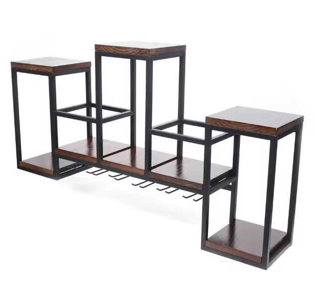 Vintage Wandwijnrek van Hout en Metaal – Wijnfles- en Glashouder 106×20×55 cm