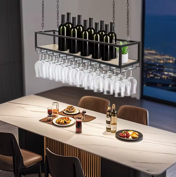 Zwart Plafond Wijnrek met Glashouder – Hangend Wijnrek 110×25×22 cm