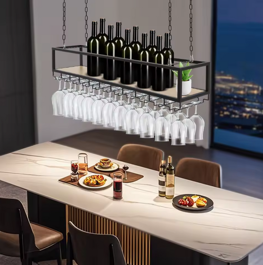 Zwart Plafond Wijnrek met Glashouder – Hangend Wijnrek 110×25×22 cm