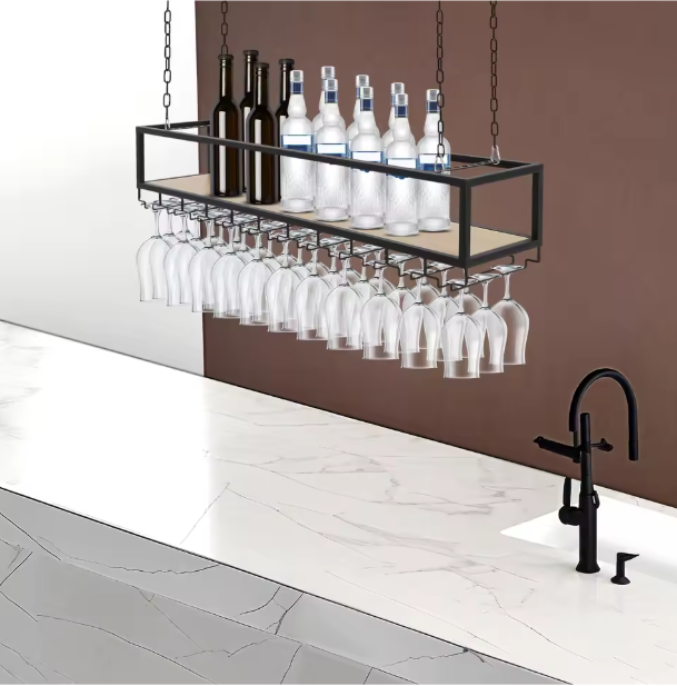 Zwart Plafond Wijnrek met Glashouder – Hangend Wijnrek 110×25×22 cm