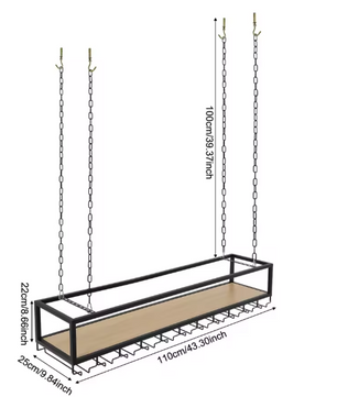 Zwart Plafond Wijnrek met Glashouder – Hangend Wijnrek 110×25×22 cm