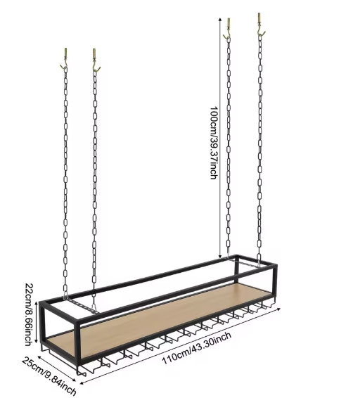 Zwart Plafond Wijnrek met Glashouder – Hangend Wijnrek 110×25×22 cm