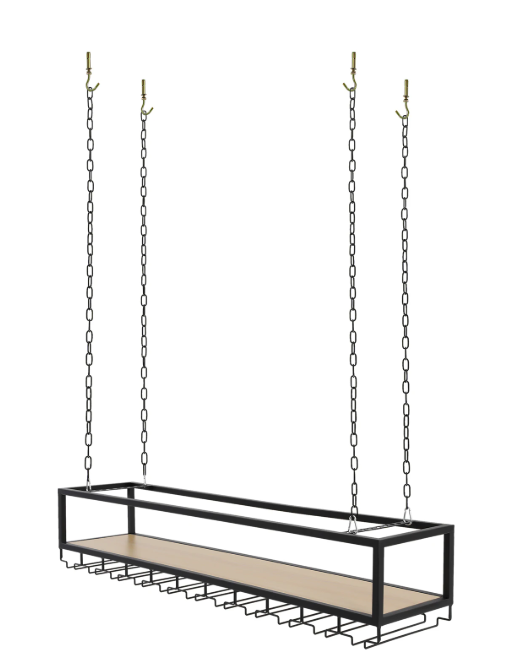 Zwart Plafond Wijnrek met Glashouder – Hangend Wijnrek 110×25×22 cm