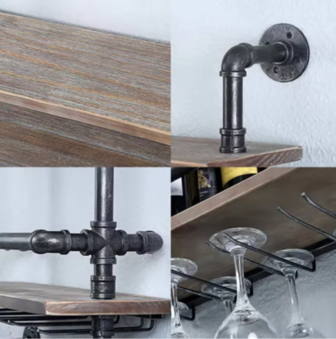 Industriëel Wandwijnrek – Hout & Metaal, 3-Lagen Wijnrek