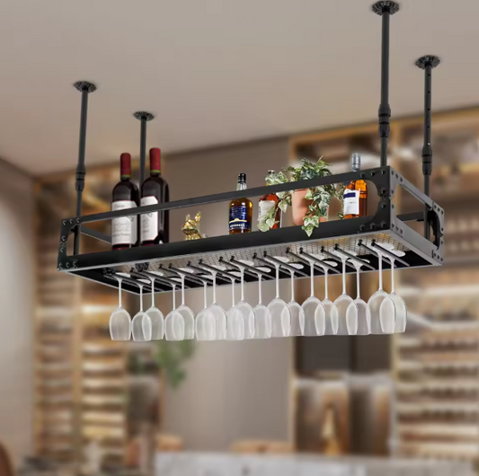 Industriële Wijnrek Plank – Hangend Wijnrek met Glashouder, 27 Glazen & Flessenopslag