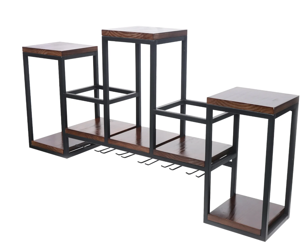Wand Wijnrek met Glashouder – Massief Hout & Ijzer, 12 Flessen