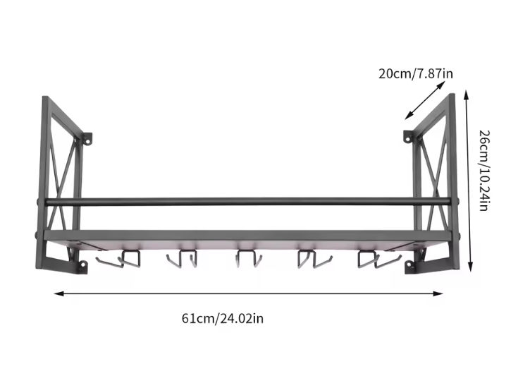 Industriëel Wand Wijnrek met Glashouder – Staal & Hout, 10 Flessen