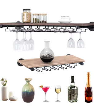 Wand Wijnrek met Glashouder – Zwart IJzer & Pijnboomhout, Rustiek Design
