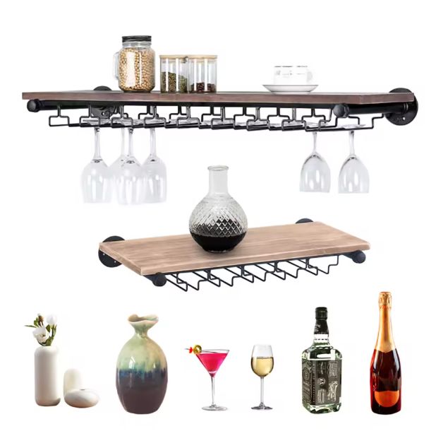 Wand Wijnrek met Glashouder – Zwart IJzer & Pijnboomhout, Rustiek Design