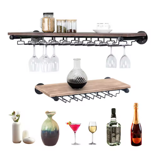 Wand Wijnrek met Glashouder – Zwart IJzer & Pijnboomhout, Rustiek Design