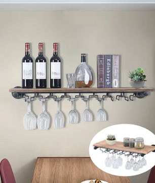 Wand Wijnrek met Glashouder – Zwart IJzer & Pijnboomhout, Rustiek Design