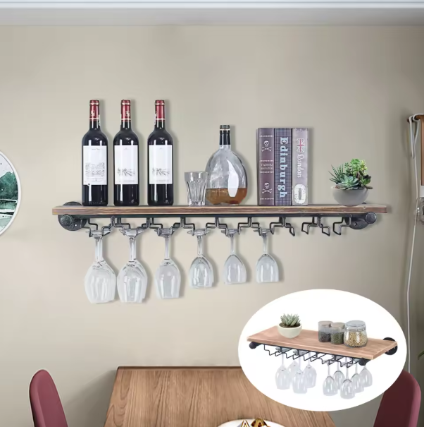 Wand Wijnrek met Glashouder – Zwart IJzer & Pijnboomhout, Rustiek Design