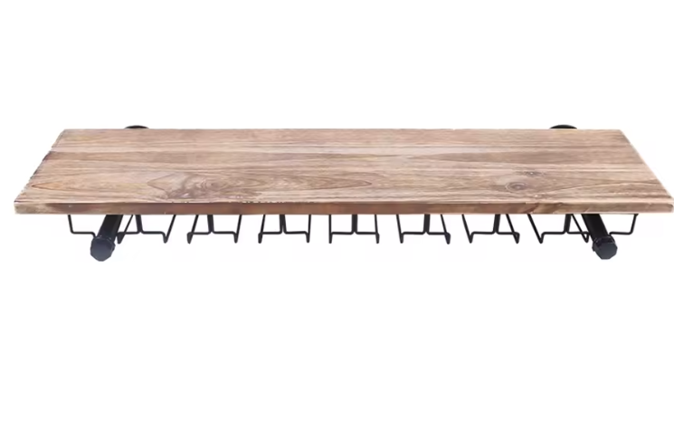 Wand Wijnrek met Glashouder – Zwart IJzer & Pijnboomhout, Rustiek Design