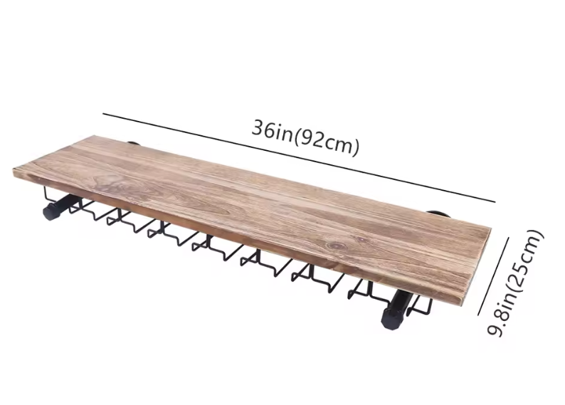 Wand Wijnrek met Glashouder – Zwart IJzer & Pijnboomhout, Rustiek Design