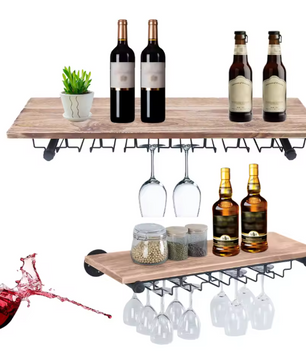 Wand Wijnrek met Glashouder – Zwart IJzer & Pijnboomhout, Rustiek Design