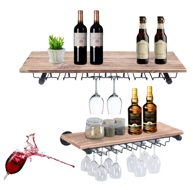 Wand Wijnrek met Glashouder – Zwart IJzer & Pijnboomhout, Rustiek Design
